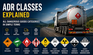 Clases ADR de mercancías peligrosas con etiquetas de peligro y categorías de transporte en Europa
