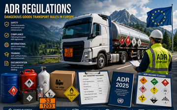 Normativa ADR de transporte de mercancías peligrosas en Europa con camión de carga peligrosa y sistemas de cumplimiento