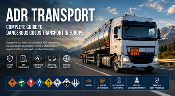Camión de transporte ADR que transporta mercancías peligrosas en una autopista europea con placas naranjas de peligro y marcados de seguridad