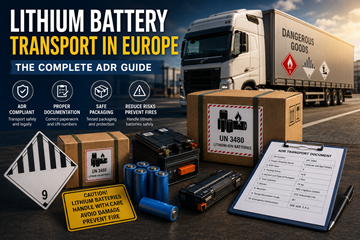 Transporte de baterías de litio en Europa con etiquetas ADR de mercancías peligrosas y cumplimiento logístico